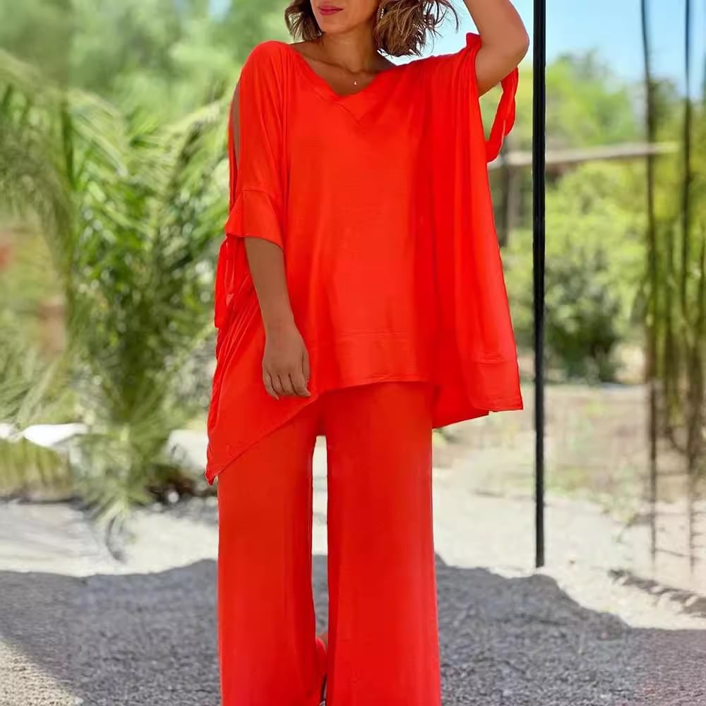 aldorian™-🎀💕Loose, casual, two-piece suit with a v-neck and wide legs
