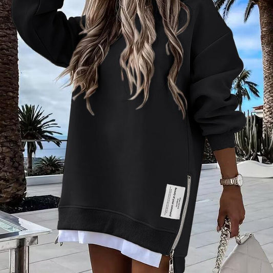 🎁 2025 Womens Long Sleeve Pullover Sweatshirt Zipper Slit Casual Dress Drop Shoulder Oversized Outfits