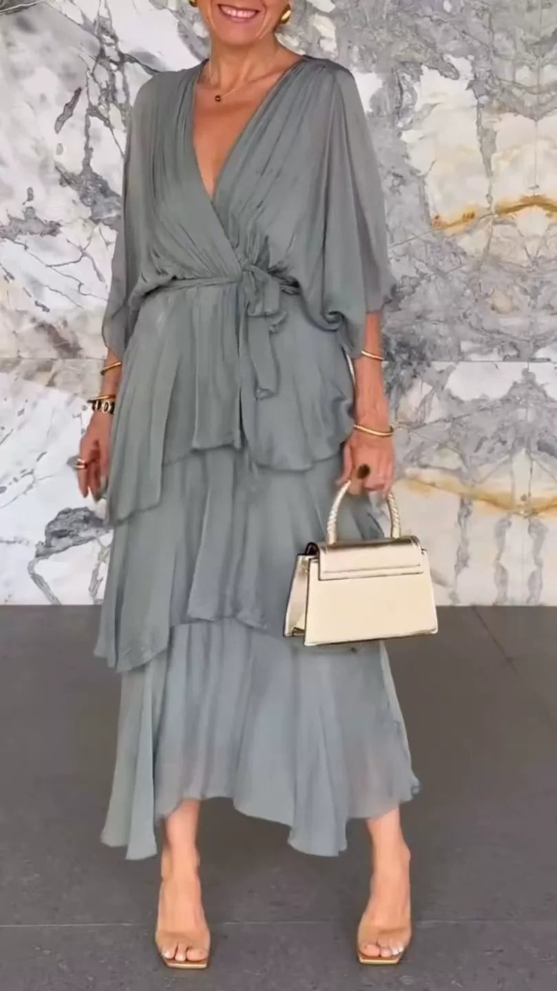 aldorian™-💐 Elegant layered dress with V-neckline, wrap around waist and tie