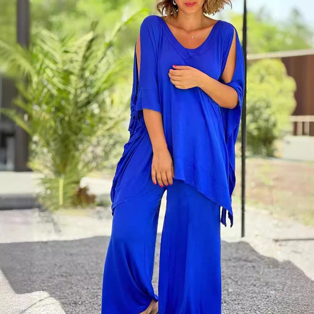 aldorian™-🎀💕Loose, casual, two-piece suit with a v-neck and wide legs