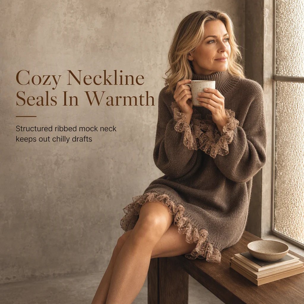 Oversized Mock Neck Knit Sweater Dress with Ruffle Tulle Trim