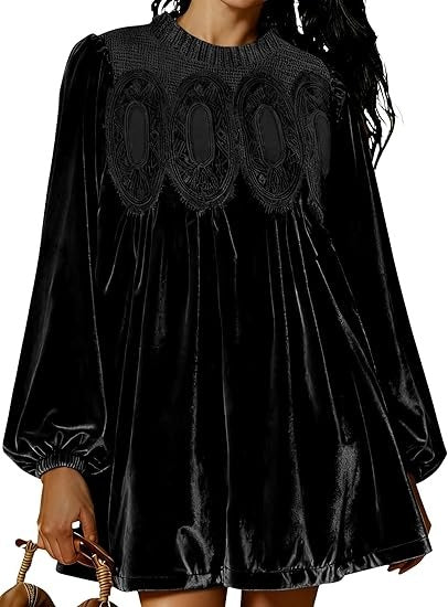 👗Womens A-Line Velvet Lace Overall Pleated Babydoll Mini Dress