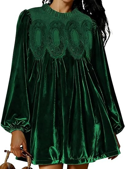 👗Womens A-Line Velvet Lace Overall Pleated Babydoll Mini Dress