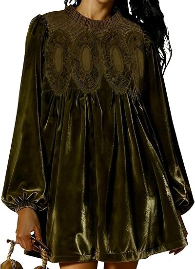 👗Womens A-Line Velvet Lace Overall Pleated Babydoll Mini Dress