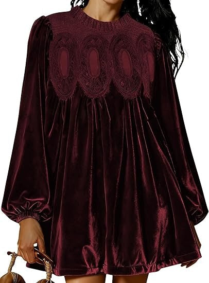 👗Womens A-Line Velvet Lace Overall Pleated Babydoll Mini Dress