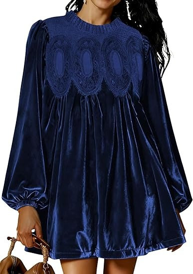 👗Womens A-Line Velvet Lace Overall Pleated Babydoll Mini Dress