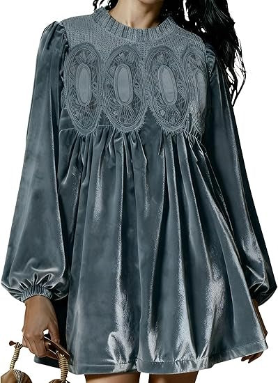 👗Womens A-Line Velvet Lace Overall Pleated Babydoll Mini Dress