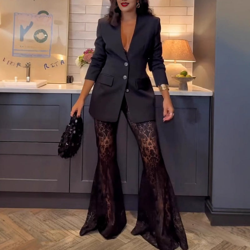 💖Stylish Blazer & See Through Flared Pants 2 PCS Set