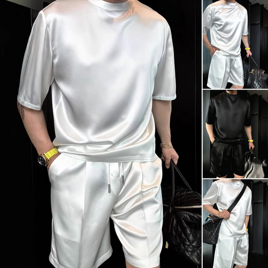 ⏳🔥High Quality Men's Mercerized Cotton Casual Solid Color Top and Shorts Two-Piece Set【Loose fit, suitable for all occasions】