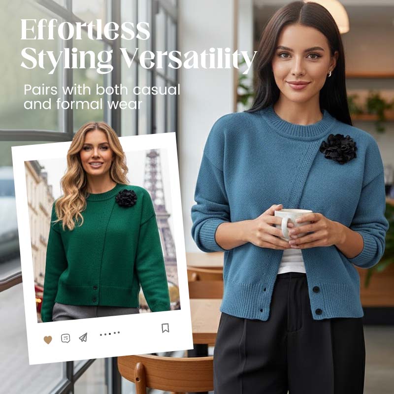 Women's Elegant Button-Down Wrap Sweater with Flower Accent