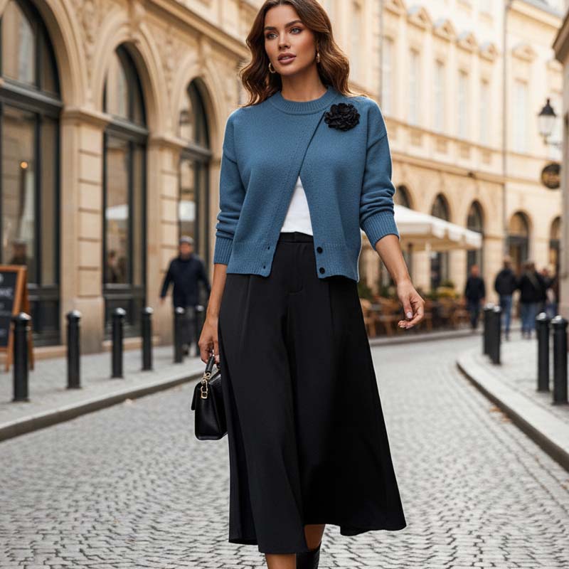 Women's Elegant Button-Down Wrap Sweater with Flower Accent