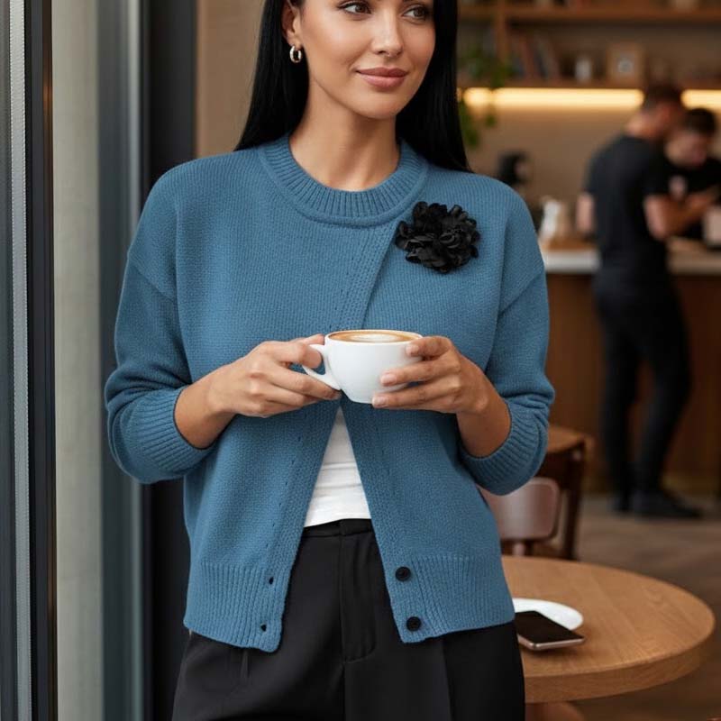 Women's Elegant Button-Down Wrap Sweater with Flower Accent