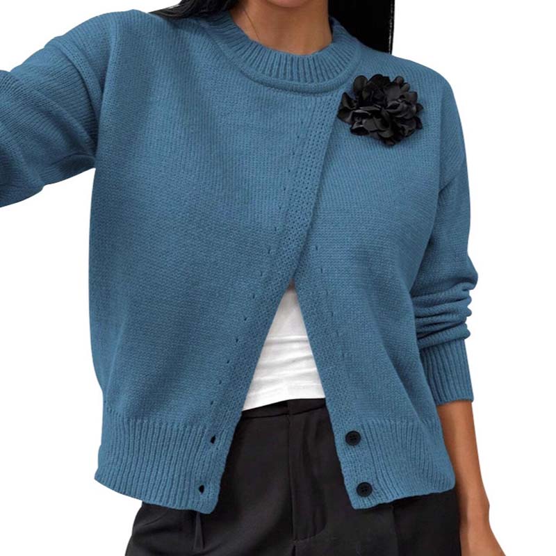 Women's Elegant Button-Down Wrap Sweater with Flower Accent
