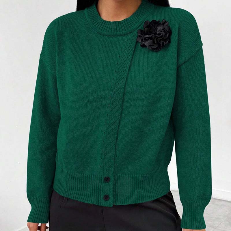 Women's Elegant Button-Down Wrap Sweater with Flower Accent