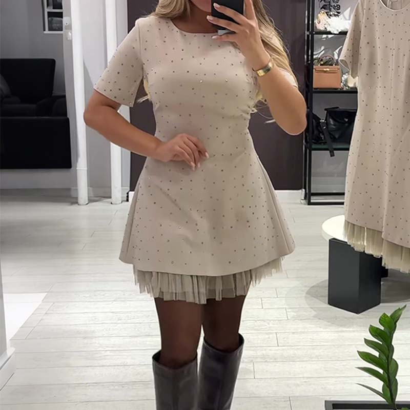 Women’s Sparkling Lace Trim Short-Sleeve Mini Dress | Elegant & Shimmering