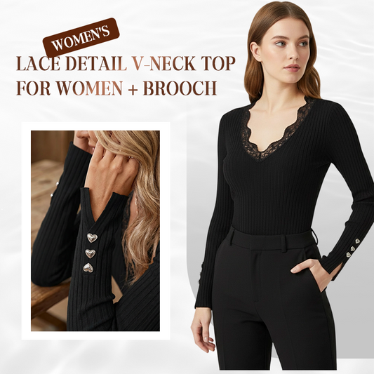 ✨Value Bundle: Lace Detail V-Neck Top for Women + Brooch